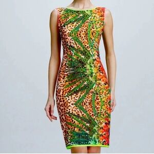 Elie Tahari tropical print Claudia dress size 8 leopard print eyelet neon